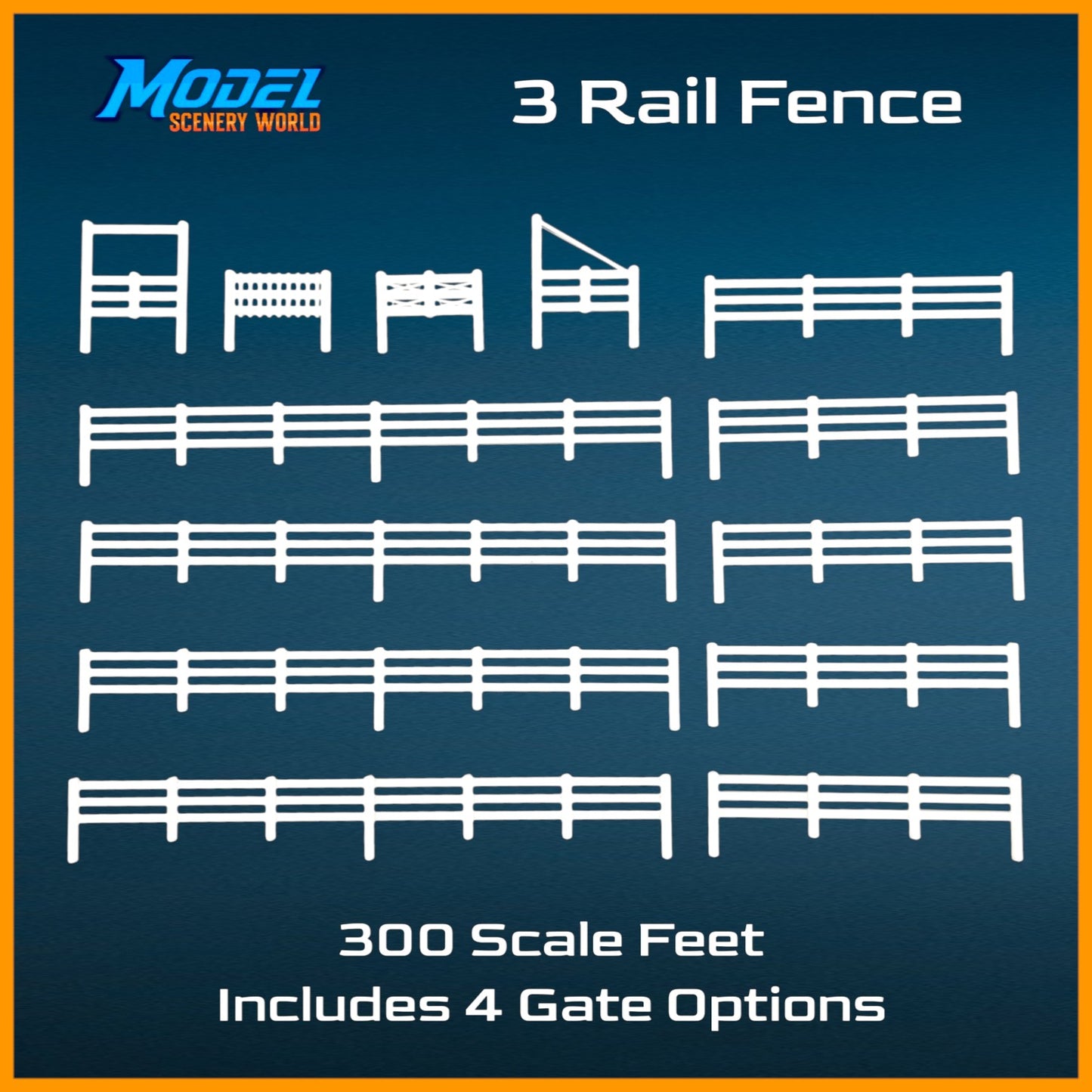 HO Scale 1:87 3 Rail Fence 300' + 4 Gates - White