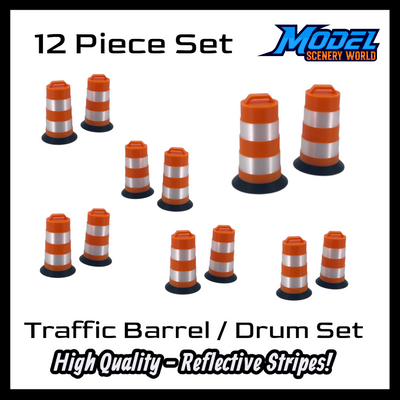 12-piece set - Scale Model of Reflective Traffic Barrel/Drum by Model Scenery World