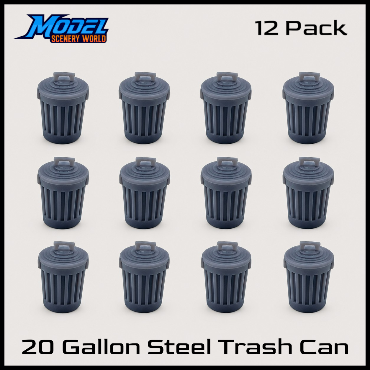 Z Scale 1:220 20-Gallon Steel Trash Cans – 12 Pack