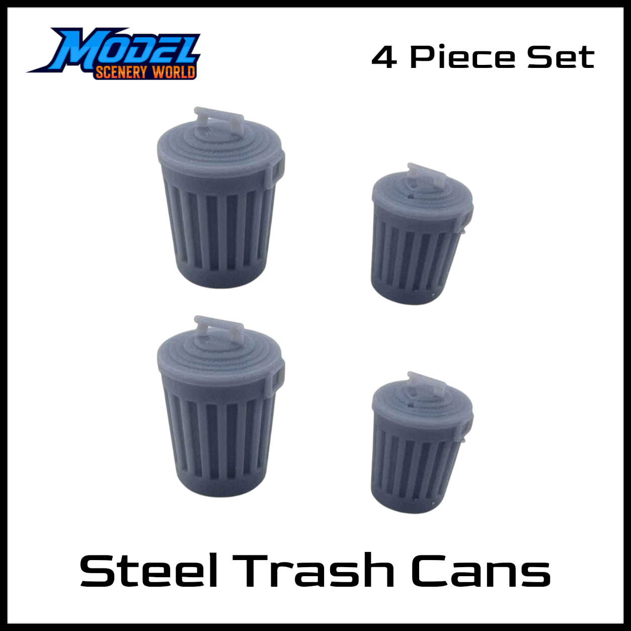 1 Gauge 1:32 Steel Trash Cans – 4pc Mixed Resin Model Set