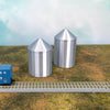 (2) Grain Silo Set - (1) 35' (1) 40' - N Scale 1:87 - Metallic Silver