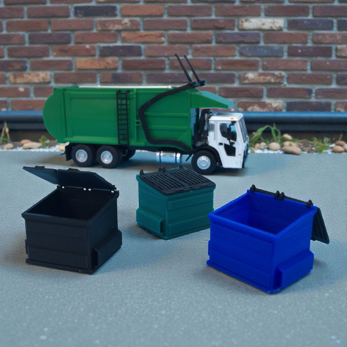 Dumpster Set for Greenlight Mack Refuse Truck - S Scale 1:64 - 3pc - NO TRUCK