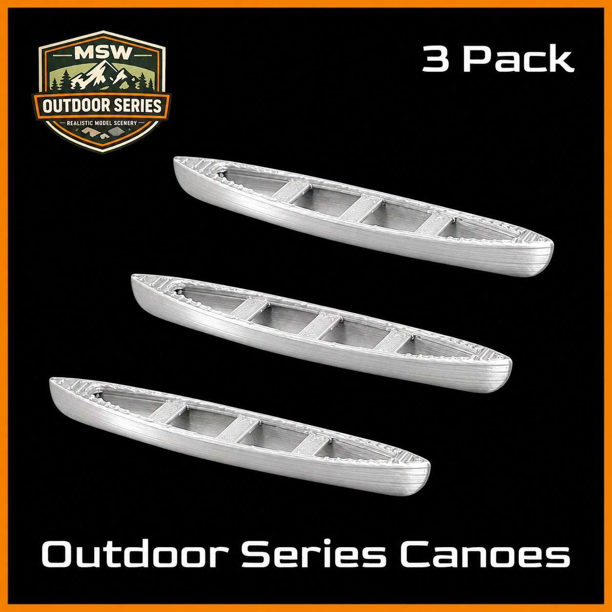 O Scale 1:48 Outdoor Series Canoes Metallic Silver 3pc