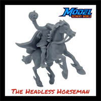 Unpainted scale figure of the Headless Horseman riding a horse names Daredevil, titled 'The Headless Horseman', on a white background with the Model Scenery World logo.