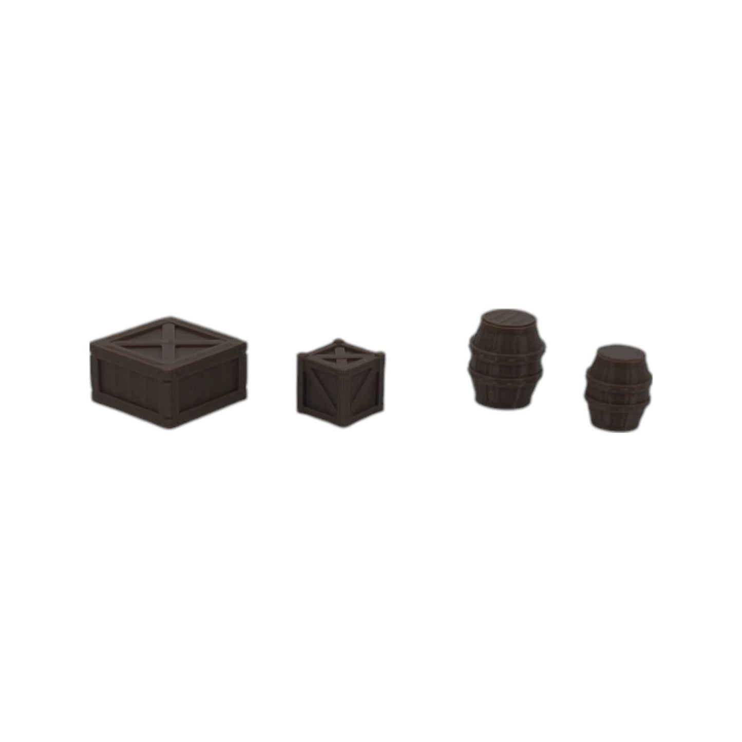 Scale Models of Large Barrels & Crates by Model Scenery World in a Row