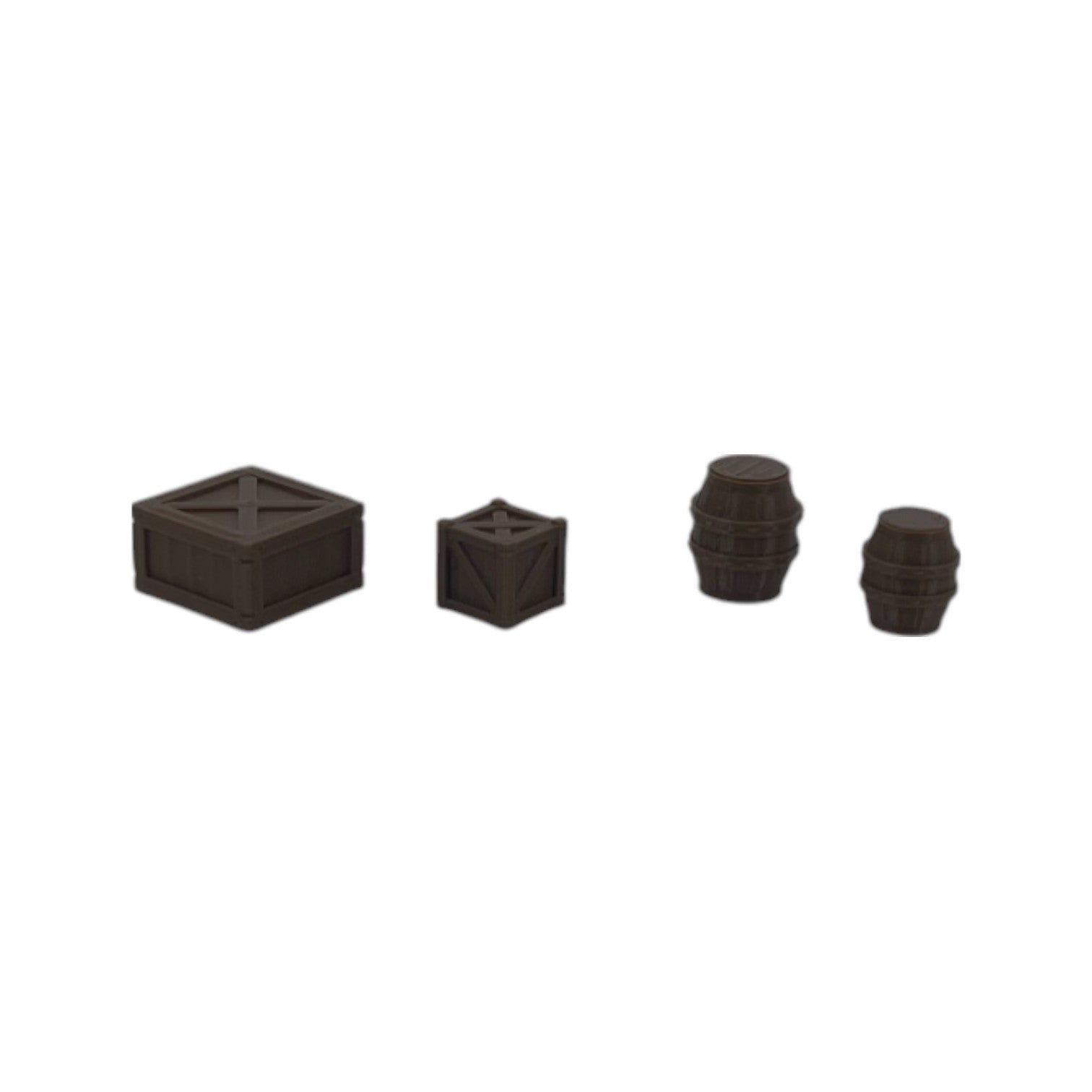 Scale Models of Large Barrels & Crates by Model Scenery World in a Row
