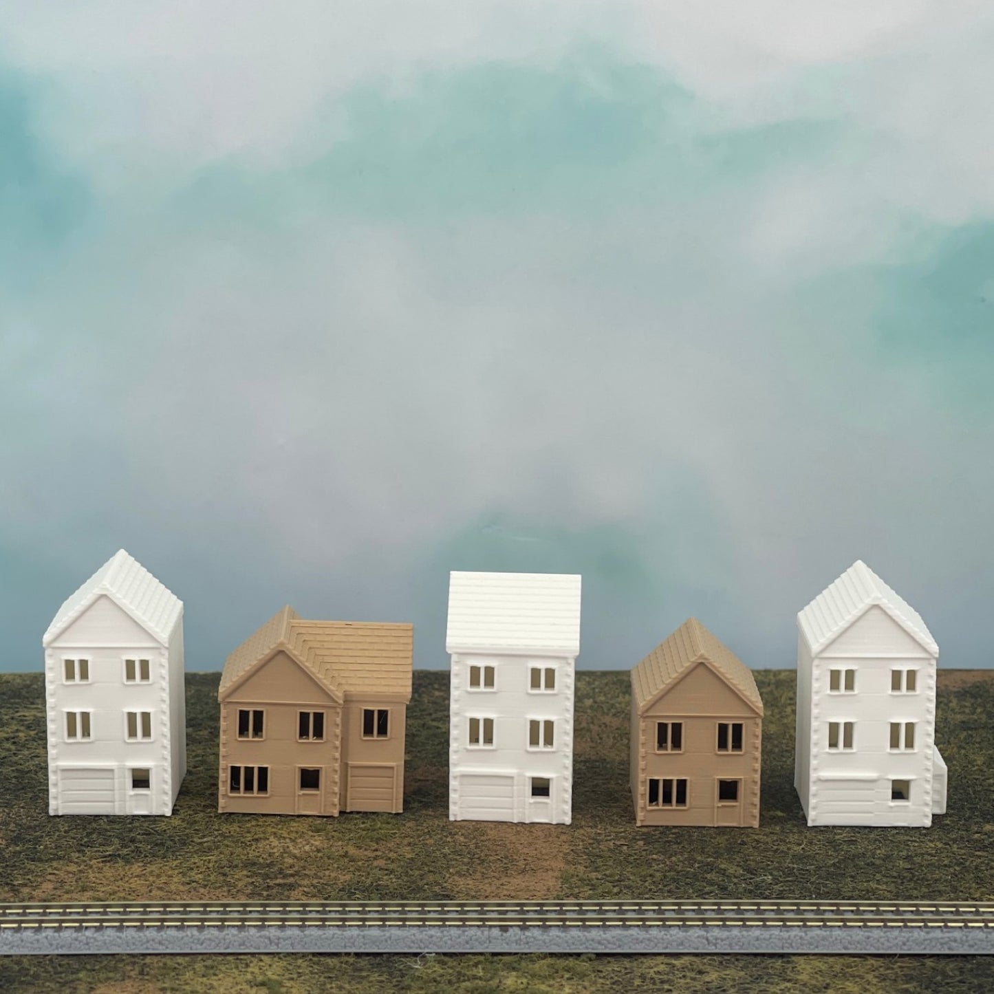 Suburban Row Houses - 5pc Set - HO Scale 1:87 - Brown/White
