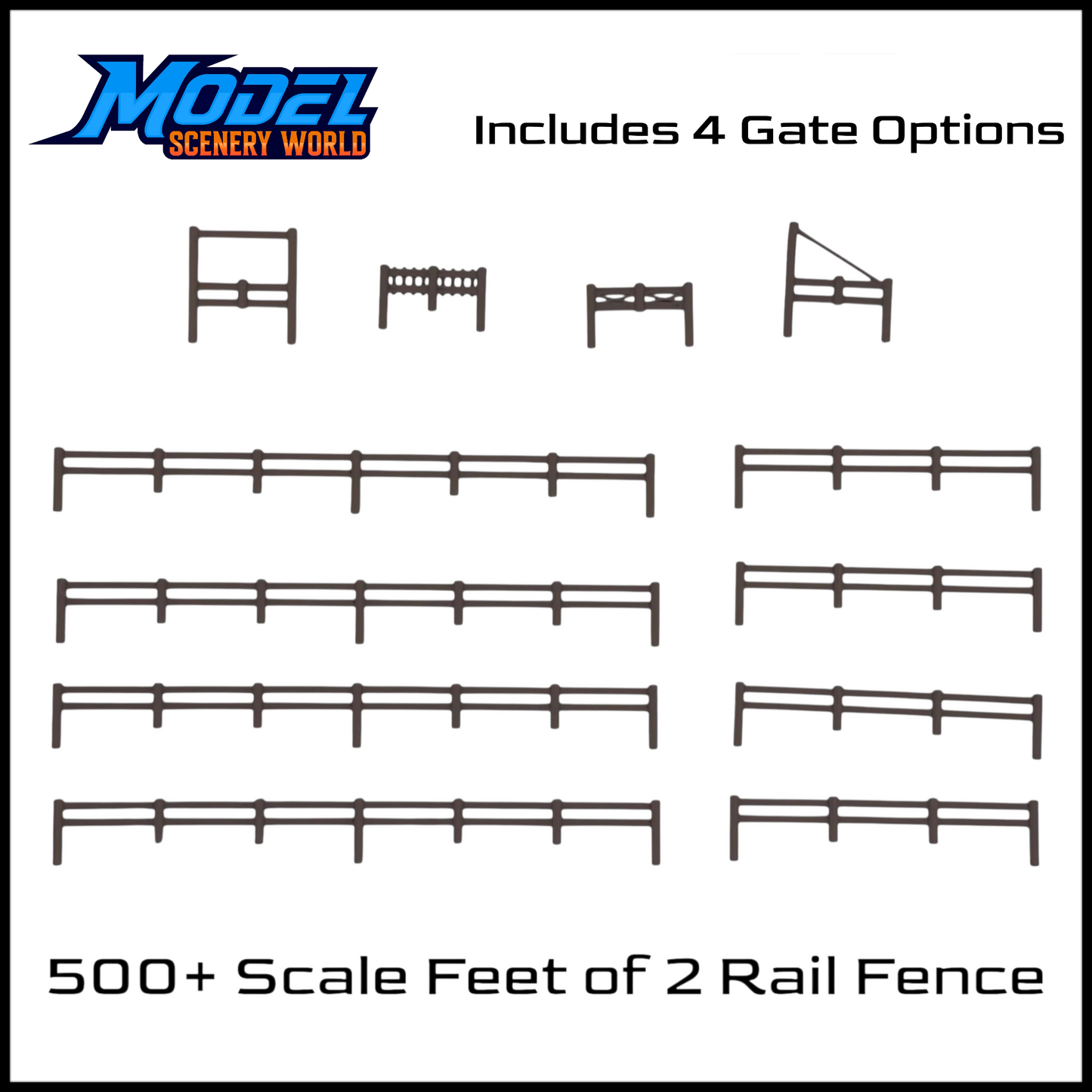 Z Scale 1:220 2 Rail Fence 500' + 4 Gates - Brown