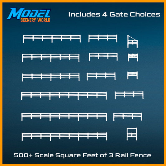 N Scale 1:160 3 Rail Fence 500' + 4 Gates - White
