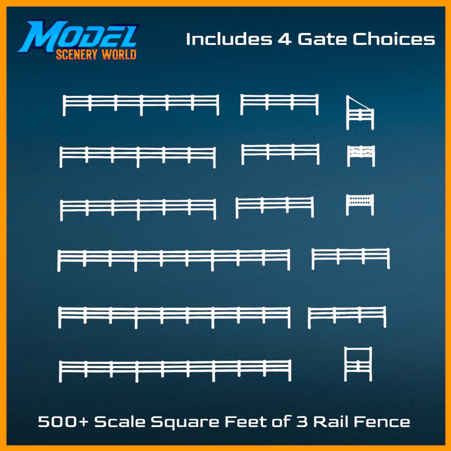 Z Scale 1:220 3 Rail Fence 500' + 4 Gates - White