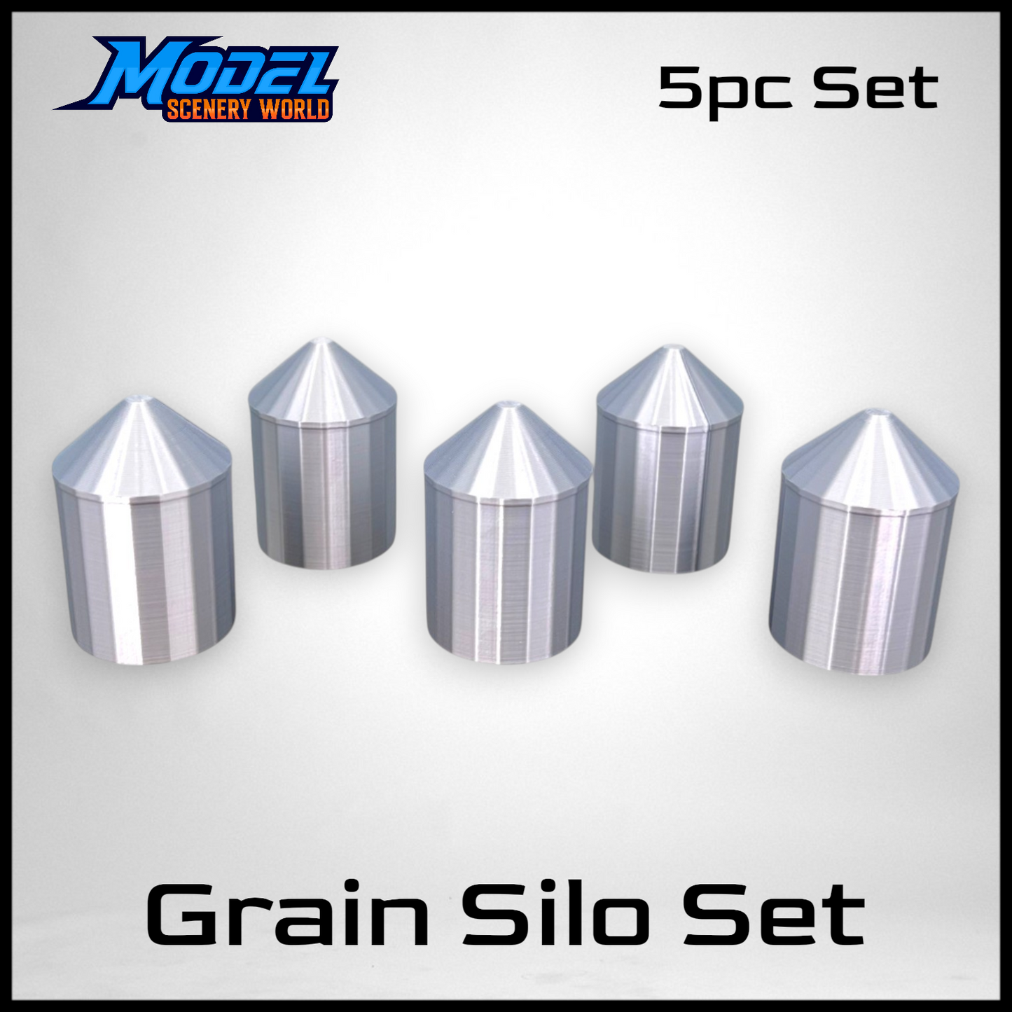 (5) Grain Silo Set - (2) 35' (3) 40'- N Scale 1:160 - Metallic Silver