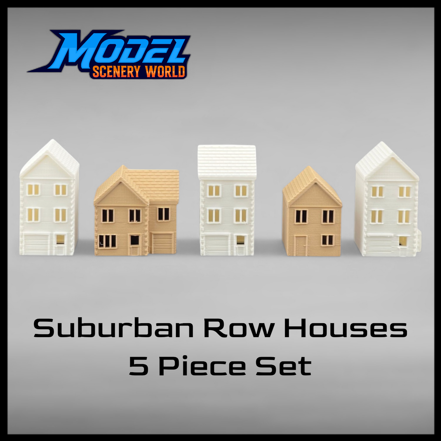 Suburban Row Houses - 5pc Set - N Scale 1:160 - Brown/White