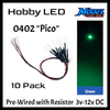10 Pack Pico 0402 Pre-Wired LEDs ~ 3-12 Volt DC ~ Choose Color