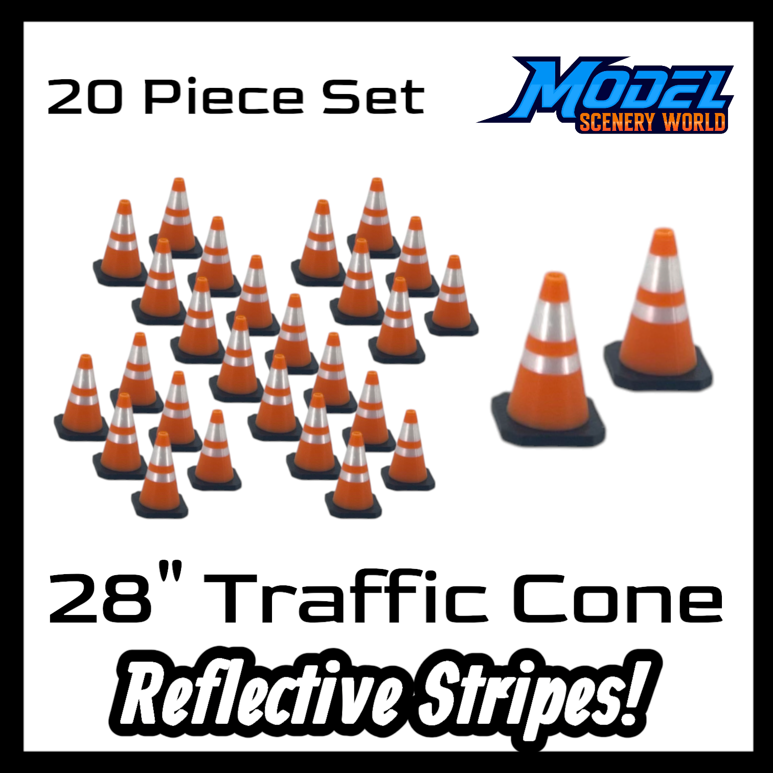 Scale Model of 28" Traffic Cone (20pk)  Multicolor - Reflective Stripe by Model Scenery World
