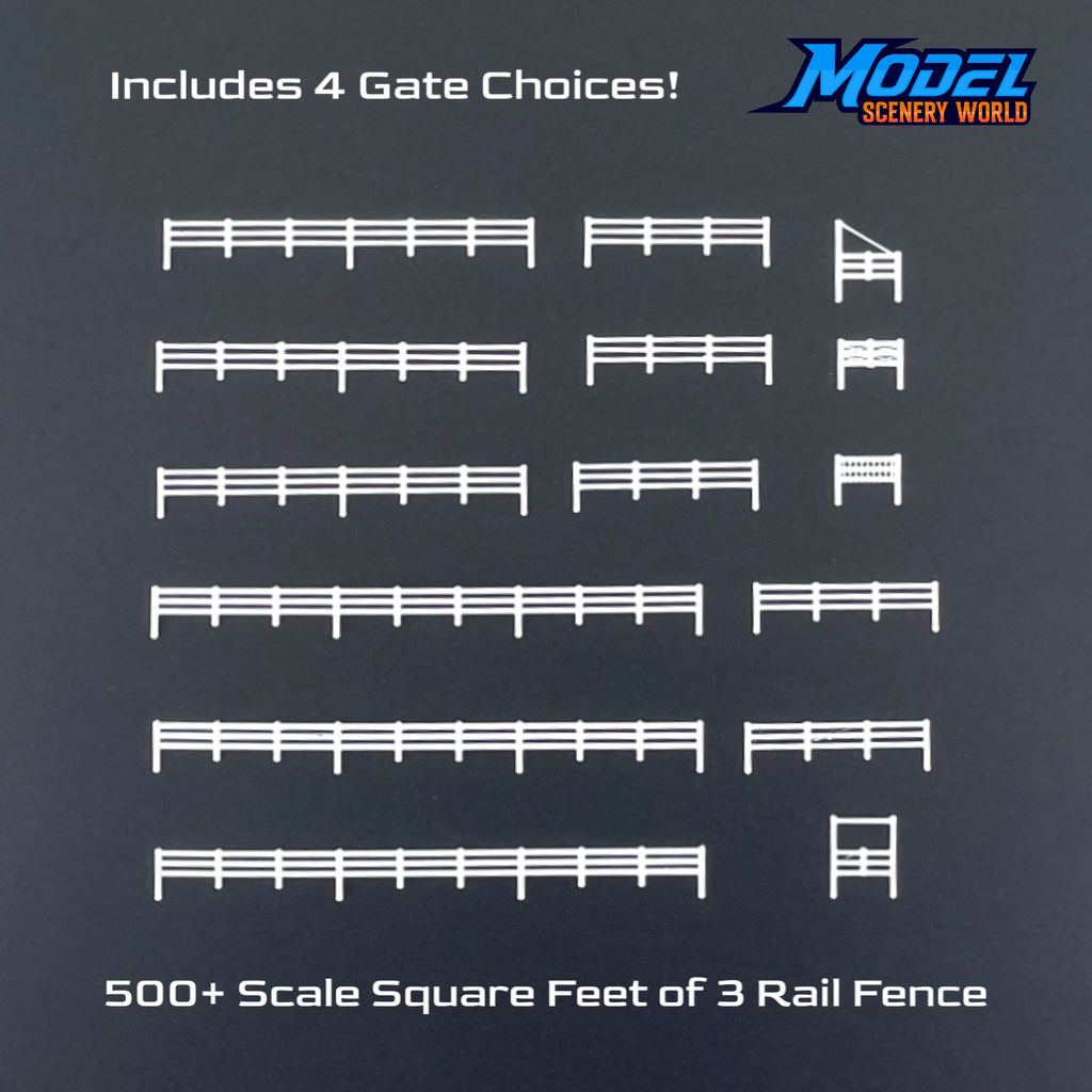 3 Rail Fence 500' + 4 Gates - N Scale - White | Model Scenery World