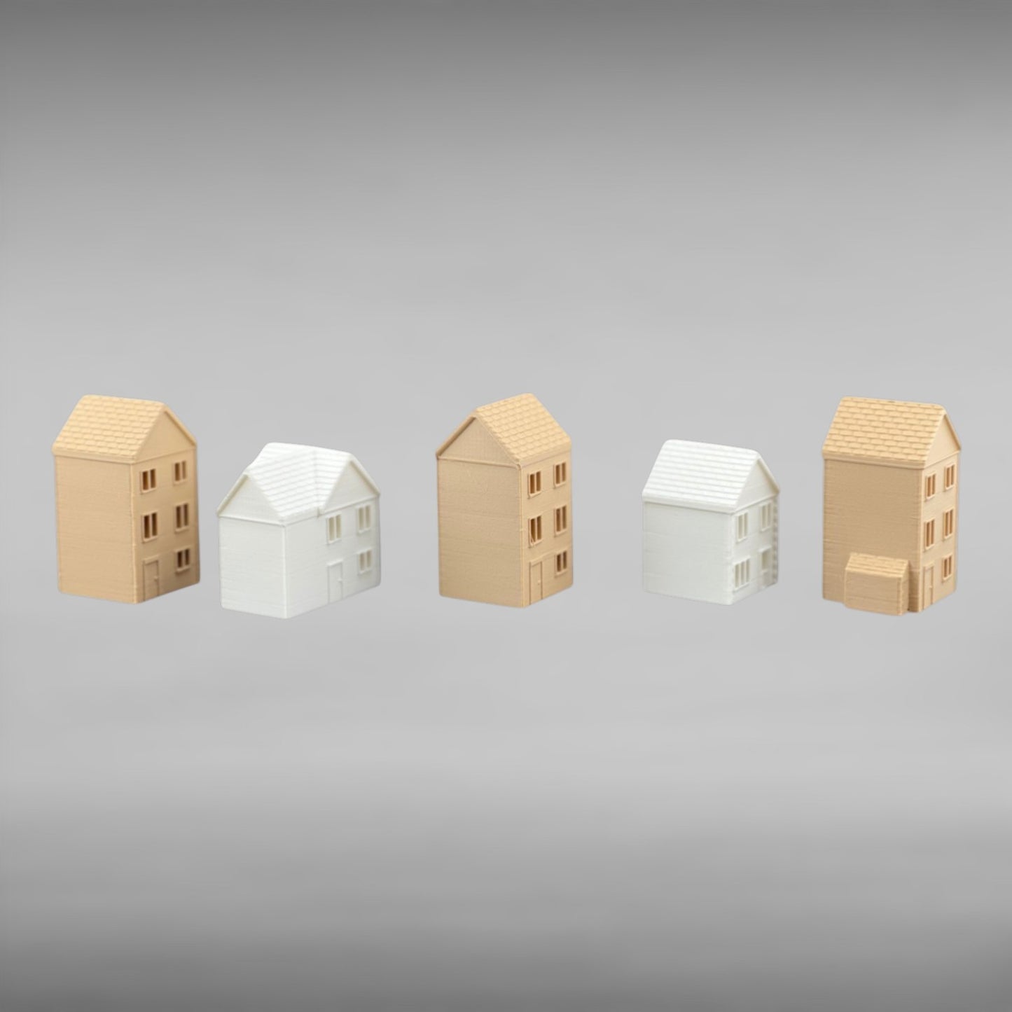 Suburban Row Houses - 5pc Set - N Scale 1:160 - Brown/White