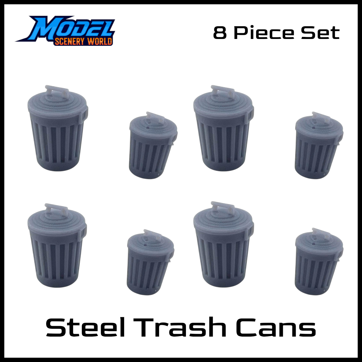 O Scale 1:48 Steel Trash Cans – 8pc Mixed Resin Model Set