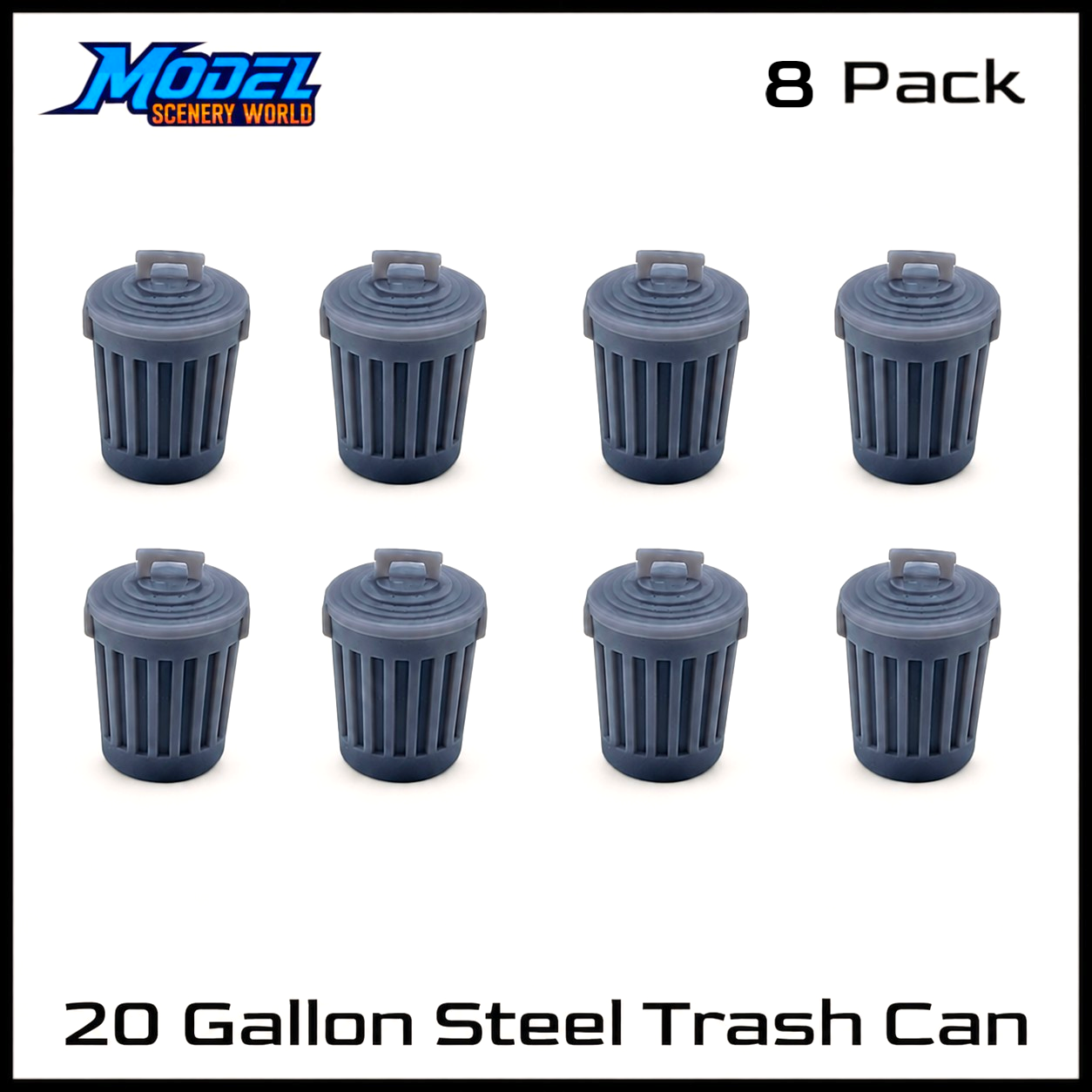 O Scale 1:48 20-Gallon Steel Trash Cans – 8 Pack