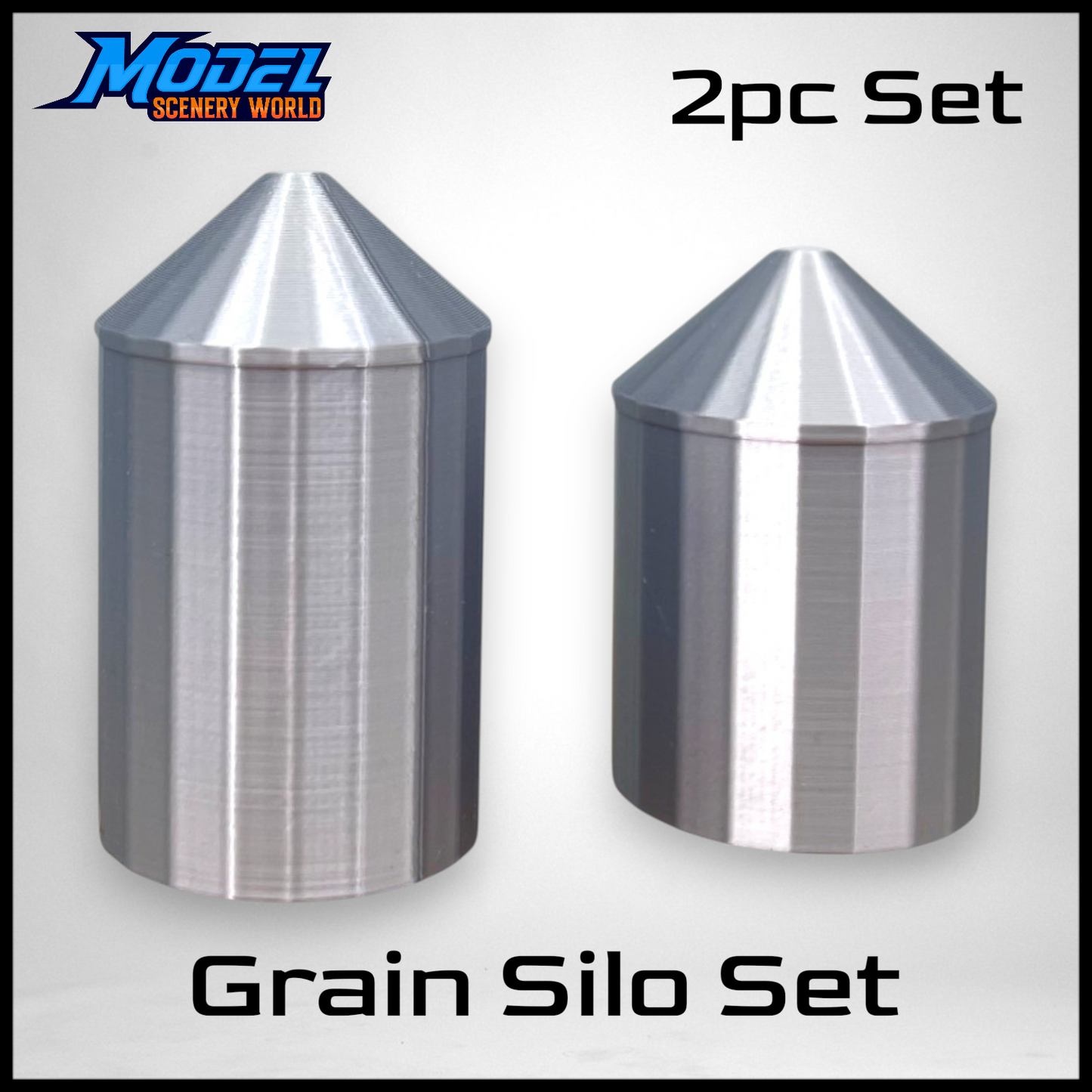 (2) Grain Silo Set - (1) 35' (1) 40' - N Scale 1:87 - Metallic Silver